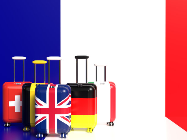 法国的主要游客。旅行箱里装着访问巴黎的各国国旗。以旅游为主题的3D插图。图片下载