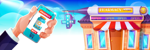 卡通风格的医疗和在线商务概念。在网上购买药品。药店背景上有一只手拿着手机。图片下载