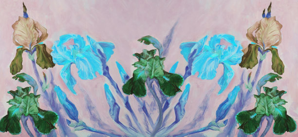 时尚复古的插画寓言的春天的艺术作品油画印象派原始水平象征性的装饰景观盛开的蓝色和紫色的鸢尾花在一个微妙的背景苍白的天空图片下载