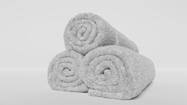 白色三毛巾卷白色背景，白色水疗毛巾堆孤立。空卷织物毛巾布模型，孤立。清洁国内酒店淋浴毛巾，模板。三维渲染图片下载