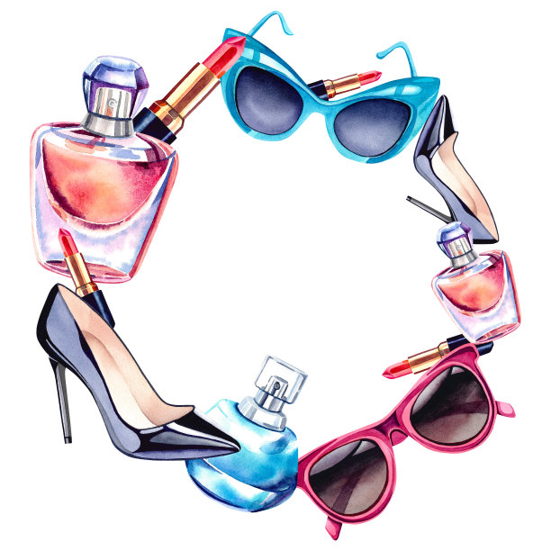一个由香水、太阳镜、口红和鞋子组成的花环。水彩插图。美丽和时尚。女性的配件。图片下载