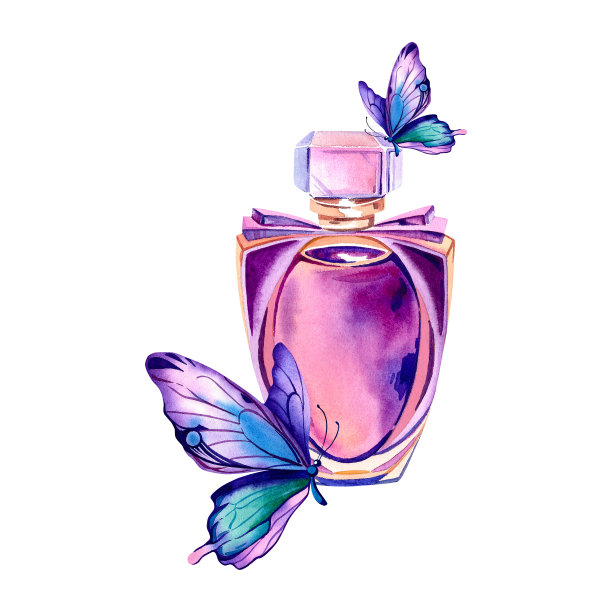 粉红色淡香水，上面有大闪蝶。女人的香水。水彩插图在一个孤立的背景。美丽和时尚。花的香味。时尚香。图片下载