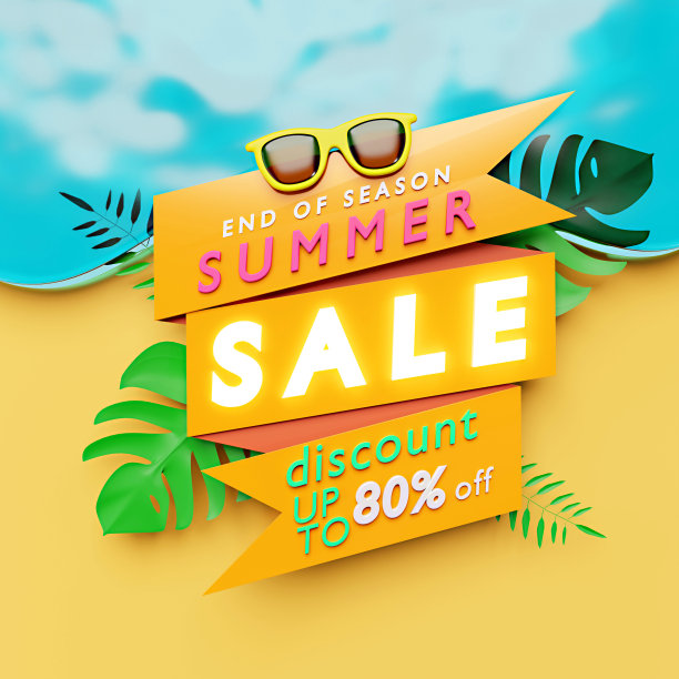 3d模板设计-黄色眼镜和天空，棕榈叶，大海。夏日大甩卖，艳阳高照图片下载