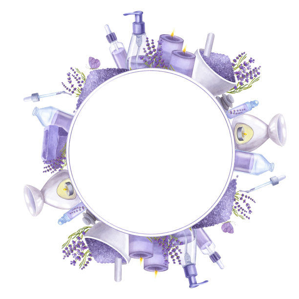 圆框紫罗兰薰衣草花，精油，化妆品瓶，香皂。手绘水彩插图孤立的白色背景。用于化妆品包装、美容杂志、标识图片下载
