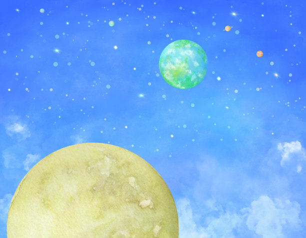 这是一幅美丽的水彩画，描绘了月球和地球在太空中面对面。奇妙的背景与星云和恒星的背景。图片下载