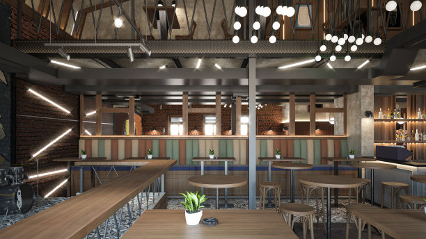 咖啡馆/餐厅/酒吧。室内设计。计算机生成的图像。建筑可视化。3D渲染。图片下载