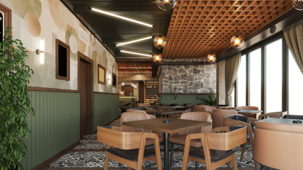 咖啡馆/餐厅/酒吧。室内设计。计算机生成的图像。建筑可视化。3D渲染。图片下载