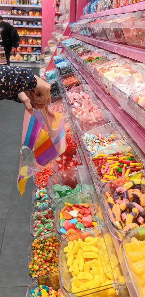 在糖果店的货架上，一位女士用手舀取不同种类的糖果图片下载