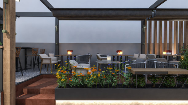 咖啡厅/餐厅户外休息区。室内设计。计算机生成的图像。建筑可视化。3D渲染。图片下载