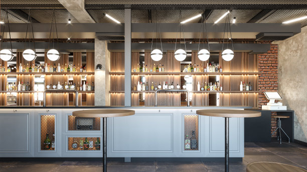 咖啡馆/餐厅/酒吧。室内设计。计算机生成的图像。建筑可视化。3D渲染。图片下载