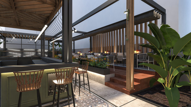 咖啡厅/餐厅户外休息区。室内设计。计算机生成的图像。建筑可视化。3D渲染。图片下载