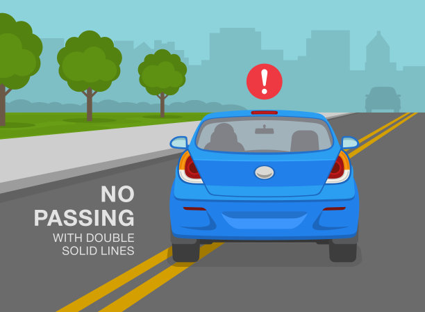安全驾驶规则。使用街道线。轿车正在经过双实线。双实线警告设计，禁止超车。汽车的后视图图片下载