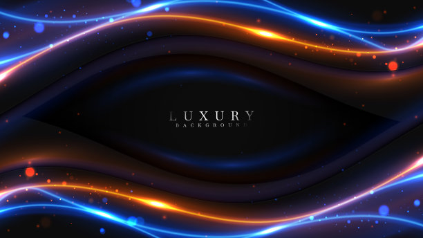 蓝色光线曲线线重叠金色光线运动效果在黑色背景与散景装饰。图片下载