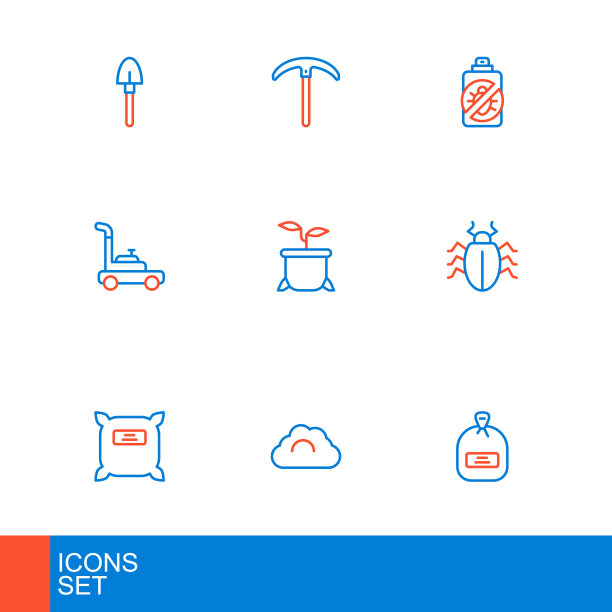 设置线包充满种子，多云的天气，科罗拉多甲虫，割草机，植物在锅里，喷洒昆虫和鹤嘴锄图标。向量图片下载