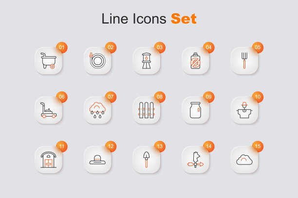 多云天气，公鸡风向标，铁锹，农民工人帽，房子，稻草人，玻璃罐与螺旋盖和花园栅栏木制图标。向量图片下载