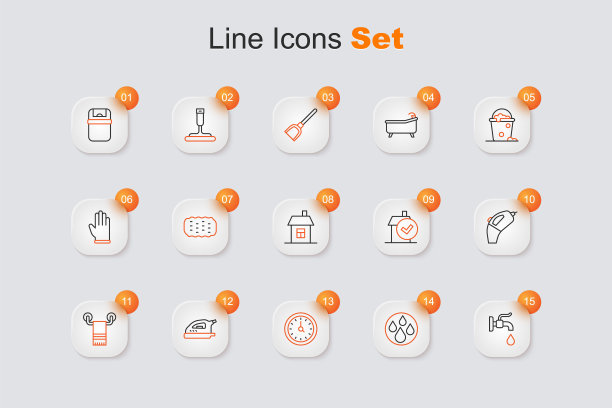 设置线水龙头，下降，时钟，电熨斗，毛巾架，便携式真空吸尘器，家庭清洁服务和房屋图标。向量图片下载