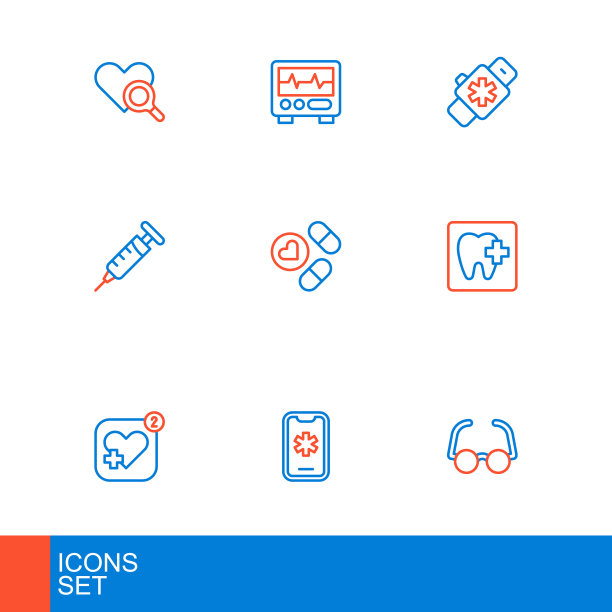 设置线眼镜，紧急呼叫911，移动心率，牙科诊所位置，注射器，药物药丸或片剂，智能手表和监测心电图图标。向量图片下载