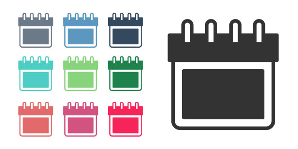 黑色日历图标隔离在白色背景。事件提醒符号。设置图标彩色。向量图片下载