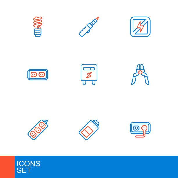 电源插座、电池充电、延长线、钳子、电表、禁止闪电和烙铁图标矢量素材图片下载