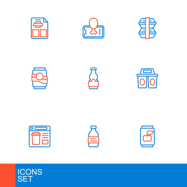 设定线汽水罐，瓶装水，在线订购食品，咖啡杯带走，酱汁瓶，午餐盒和食品上的移动图标。向量图片下载