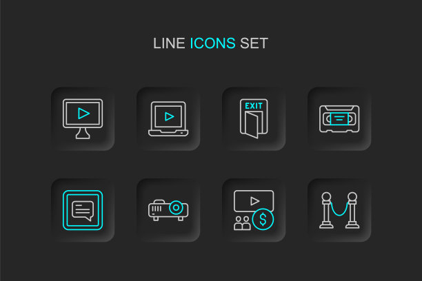 设置线绳屏障，电影院礼堂带屏幕，电影，电影，媒体投影仪，视频字幕，VHS录像带，消防出口，在线播放和图标。向量图片下载