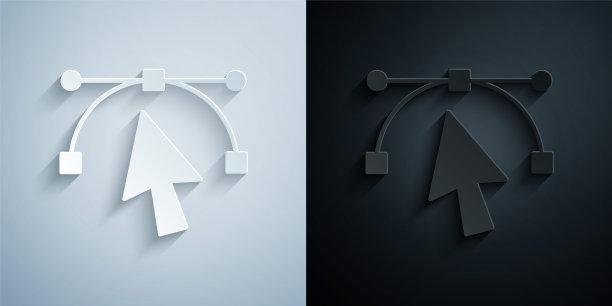 剪纸贝塞尔曲线图标隔离在灰色和黑色的背景。钢笔工具图标。纸艺风格。向量图片下载