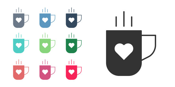 黑咖啡杯和心脏图标隔离在白色背景。情人节情侣咖啡。设置图标彩色。向量图片下载