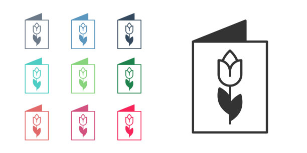 黑色贺卡与3月8日图标隔离在白色背景。妇女节快乐。设置图标彩色。向量图片下载