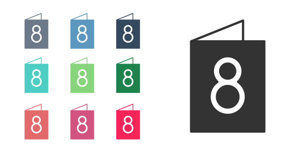 黑色贺卡与3月8日图标隔离在白色背景。妇女节快乐。设置图标彩色。向量图片下载