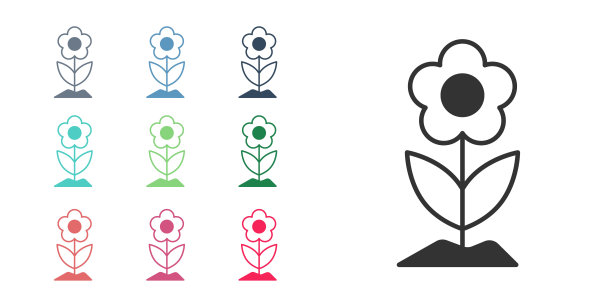 黑色花图标孤立在白色背景。设置图标彩色。向量图片下载