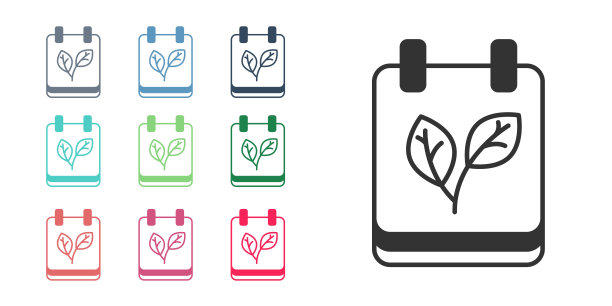 黑色日历与秋叶图标隔离在白色背景。设置图标彩色。向量图片下载