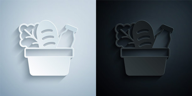 纸购物袋和食品图标隔离在灰色和黑色的背景。食品店，超市。纸艺风格。向量图片下载