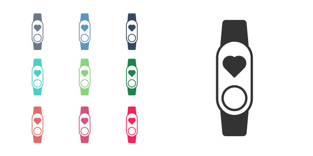 黑色智能手表显示心率图标孤立在白色背景。健身App概念。设置图标彩色。向量图片下载