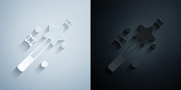 剪纸魔术棒图标隔离在灰色和黑色的背景。星形魔法配件。神奇的力量。纸艺风格。向量图片下载