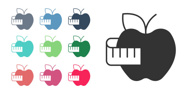 黑苹果和测量磁带图标隔离在白色背景。多余的体重。健康饮食菜单。健身减肥苹果。设置图标彩色。向量图片下载