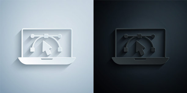 剪纸电脑显示与矢量设计程序图标孤立孤立在灰色和黑色的背景。照片编辑软件与用户界面。纸艺风格。向量图片下载