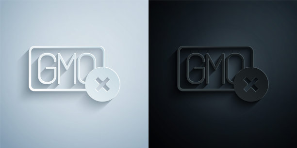 没有转基因图标孤立在灰色和黑色的背景。转基因生物的缩写。Dna食品修饰。纸艺风格。向量图片下载