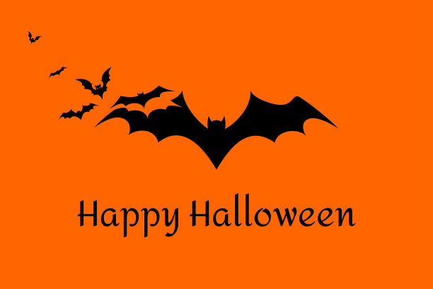 橙色背景上黑色蝙蝠的万圣节横幅。插图与文字。图片下载