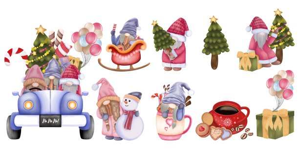 水彩圣诞侏儒集。水彩圣诞插图孤立的白色背景。图片下载