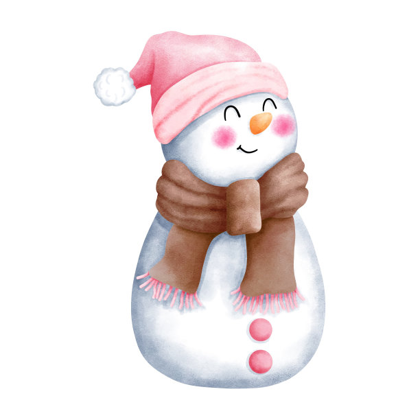 可爱的雪人的水彩圣诞剪贴画与粉红色的圣诞老人帽子和棕色围巾。图片下载