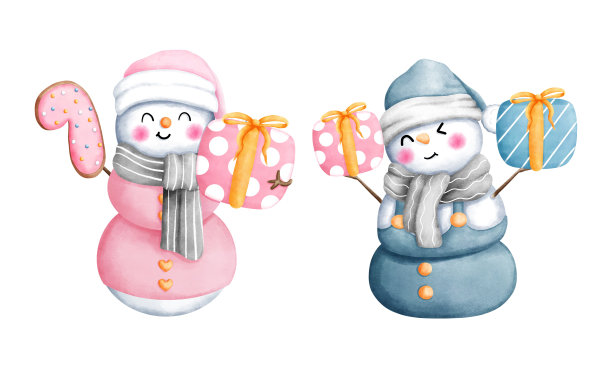 一套水彩粉红色和蓝色圣诞雪人与圣诞装饰品插图。可爱的冬季雪人收集。图片下载