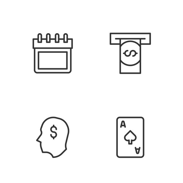 设置线扑克牌黑桃符号，幸运球员，日历和自动柜员机和钱的图标。向量图片下载