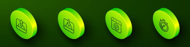 设置等距线日出，日落，日历春天和秒表图标。向量图片下载