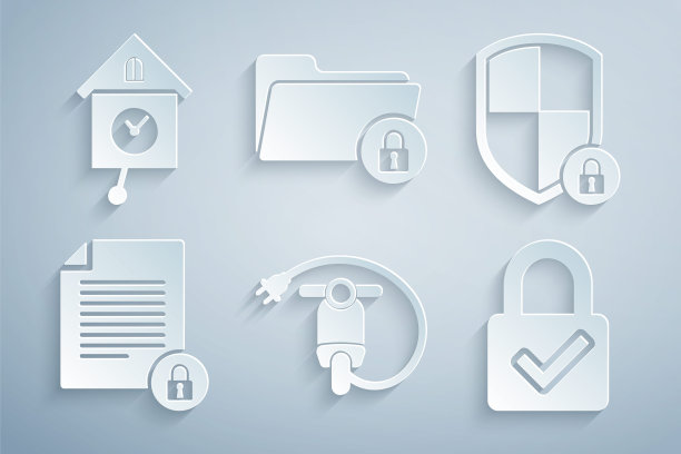 设置电动滑板车，屏蔽安全与锁定，文件和，锁定复选标记，文件夹和复古墙手表图标。向量图片下载