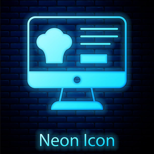 发光的霓虹灯在线订购和快餐配送图标孤立的砖墙背景。向量图片下载