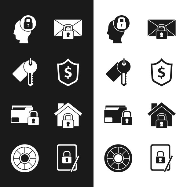 设置盾牌与美元，标记钥匙，人头锁，邮件信息密码，文件夹和，房子在保护下，平板电脑关闭挂锁和安全图标。向量图片下载