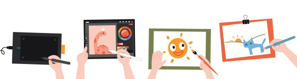 不同的创造方式。儿童手在美术课，数码绘画和手绘，俯视图，卡通风格。时髦的现代矢量插图孤立在白色背景，平面设计图片下载