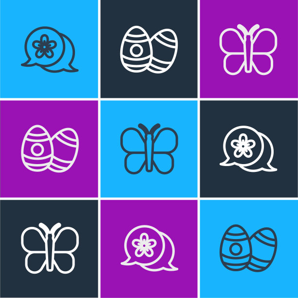 设置线花，蝴蝶和复活节彩蛋图标。向量图片下载