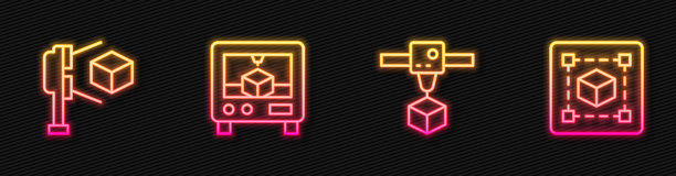 设置线3D打印机立方体，扫描仪，和几何图形立方体。发光的霓虹灯图标。向量图片下载