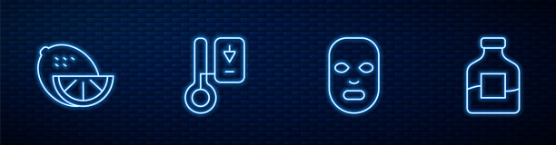 套装:面膜、柠檬、桑拿温度计、一瓶伏特加。砖墙上发光的霓虹灯图标。向量图片下载